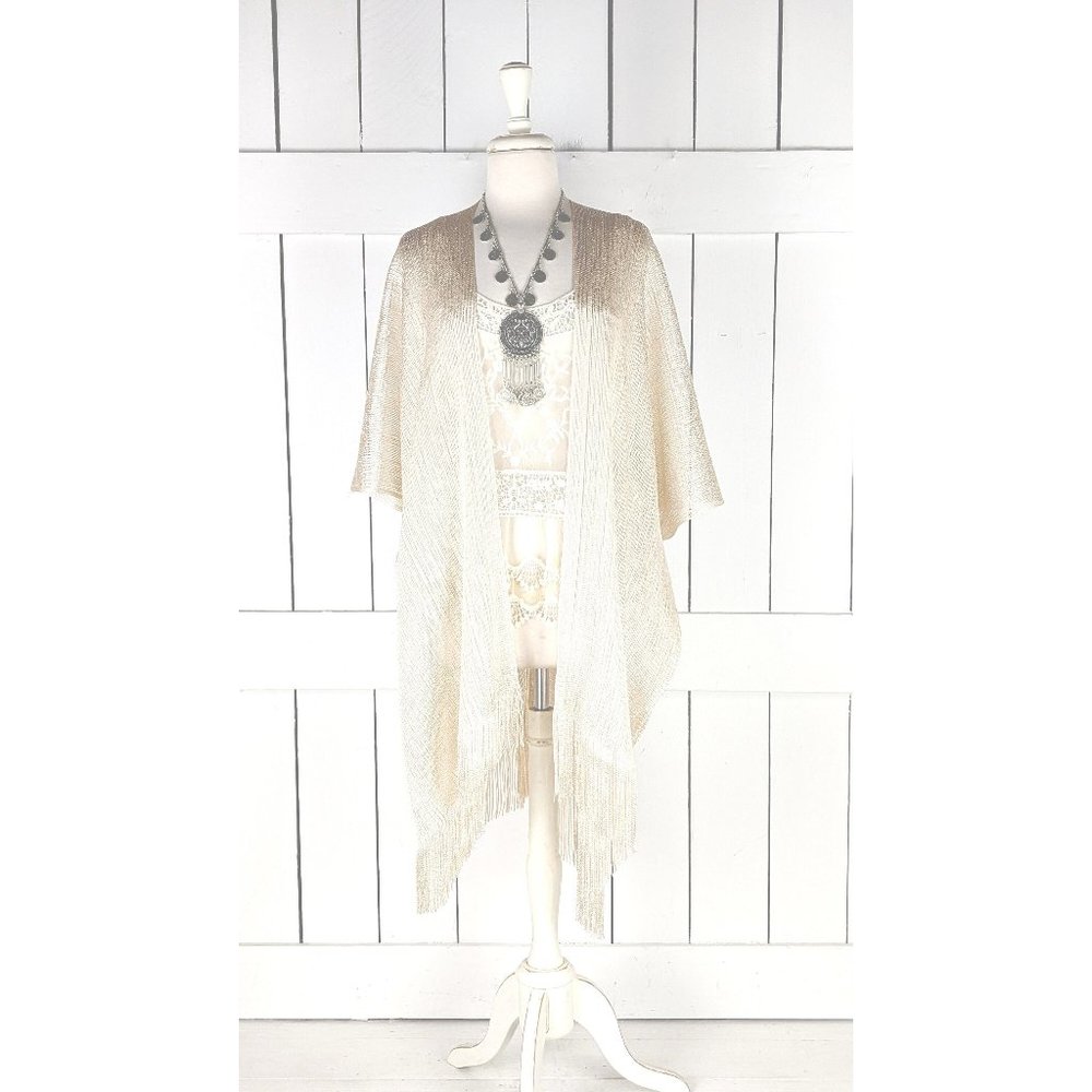 Light gold metallic mesh kimono cover up fringe jacket